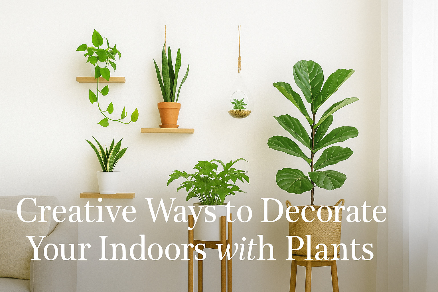 Creative ways to decorate your indoors with plants are shown in a sunlit living room using plant stands, floating shelves, and terrariums arranged in a Pinterest-style layout for aesthetic home decor